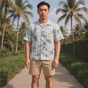 Paradise Blue Silk Hawaiian Shirt Medium Floral Diamond Print